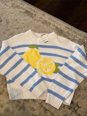 White & Light Blue Striped Sweater with Yellow Lemon NWT